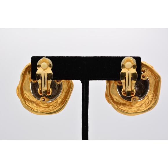 Vintage Clip On Earrings Brushed Gold Matte Brutalist Chunky Heavy 1980s BinAK - Picture 10 of 12